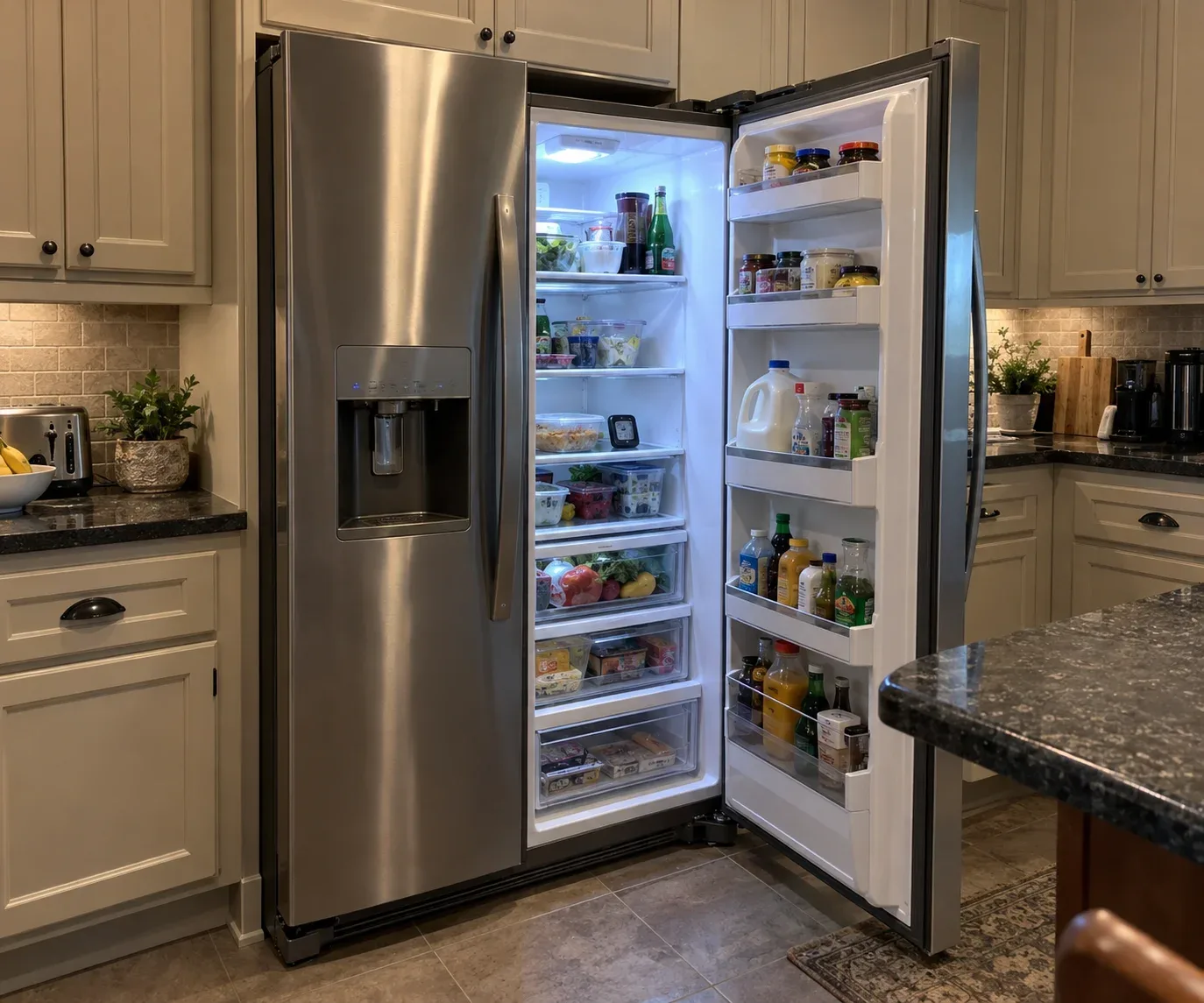 Stainless steel refrigerator undergoing cooling-system inspection
