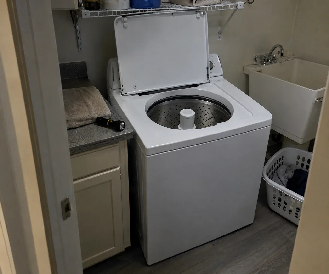Front-loading washing machine in a residential laundry room