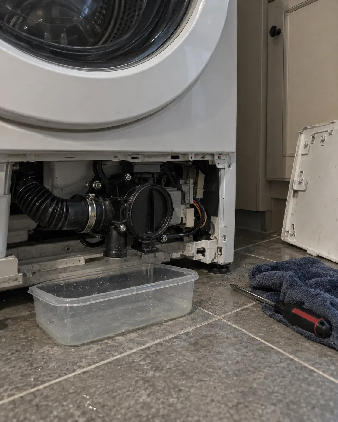 Washing machine service panel removed for inspection