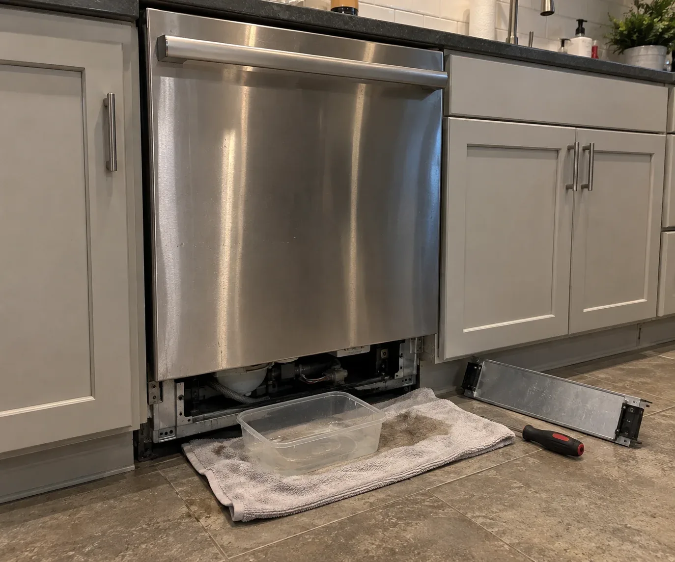 Open residential dishwasher being inspected in a kitchen