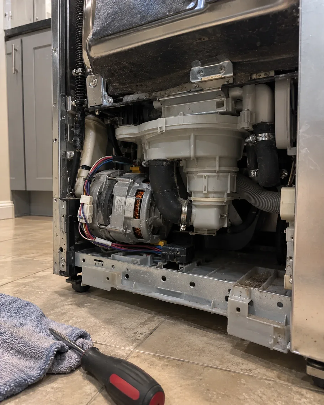 Dishwasher sump and drain pump exposed during repair inspection