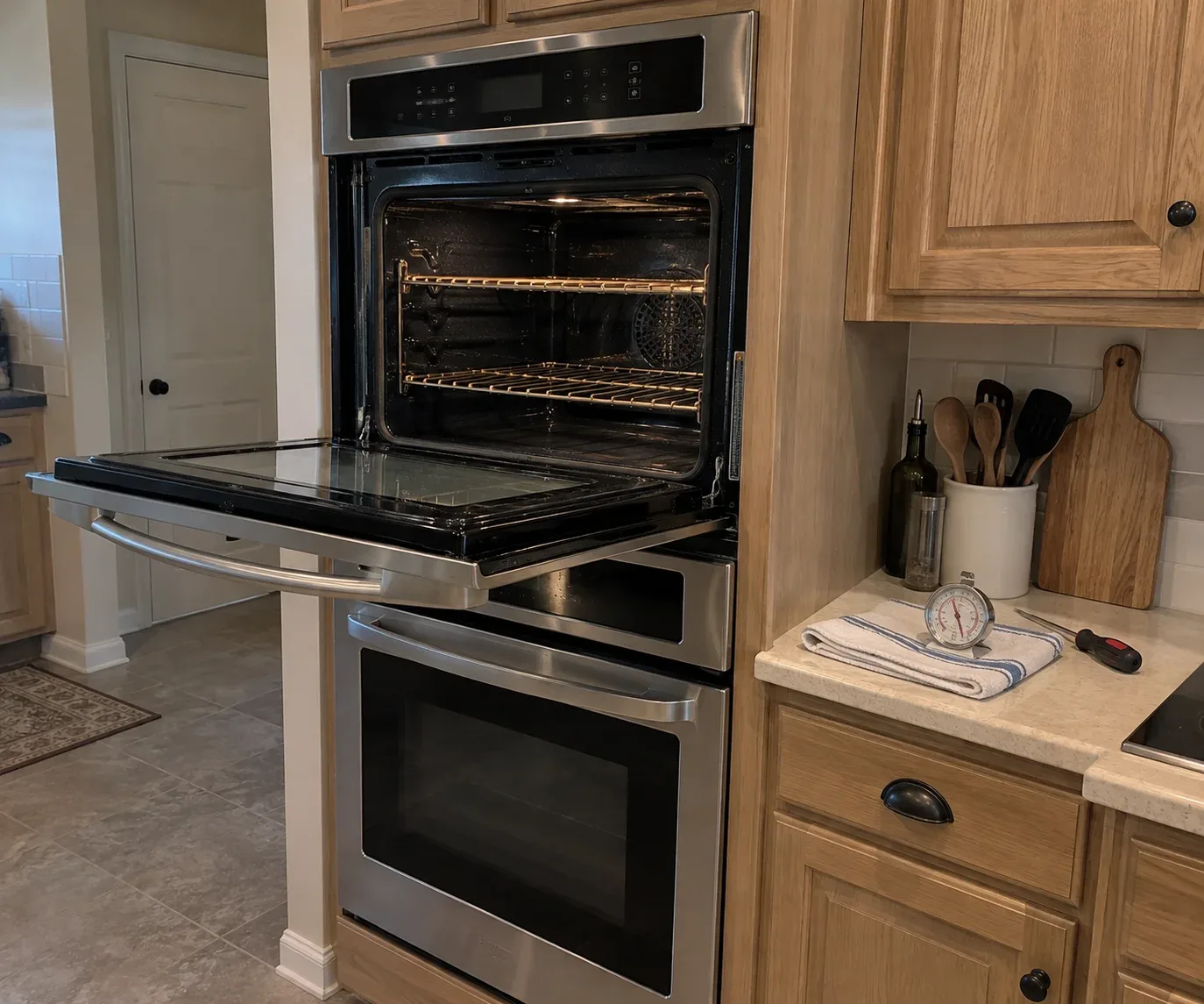 Built-in residential oven with door open for repair inspection