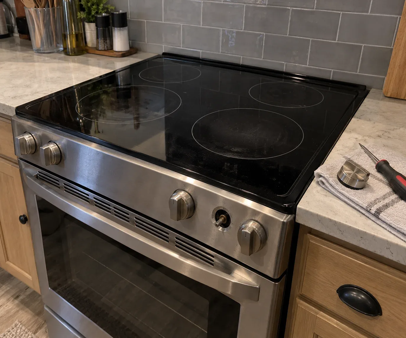 Gas cooking range with burner components removed for inspection