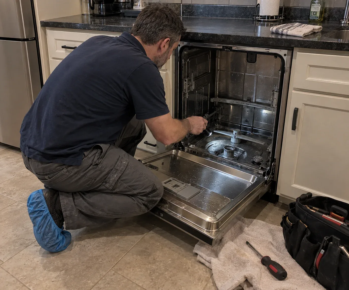 Technician inspecting a household appliance in a Highland Park home